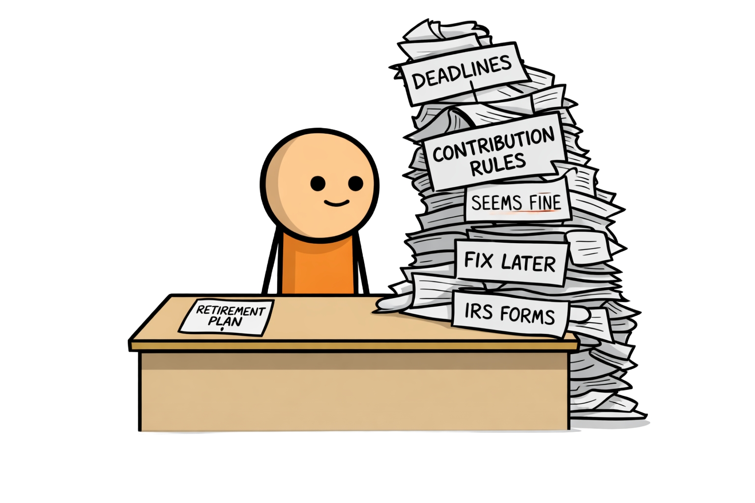 Everything looks fine... for now. A retirement plan buried under deadlines, contribution rules, and IRS forms.